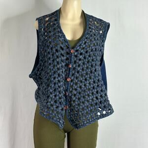 Vintage AJ Denim Woven Vest Womens 3X Boho Open Weave Button Front